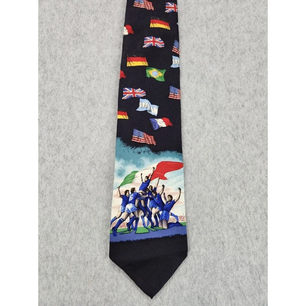 Vintage Structure Denim Mens Necktie Tie Silk Flags‎ Italy Soccer USA Italian